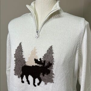 Repartee neutral Moose Winter Landscape Holiday Quarter Zip Sparkly Knit Sweater